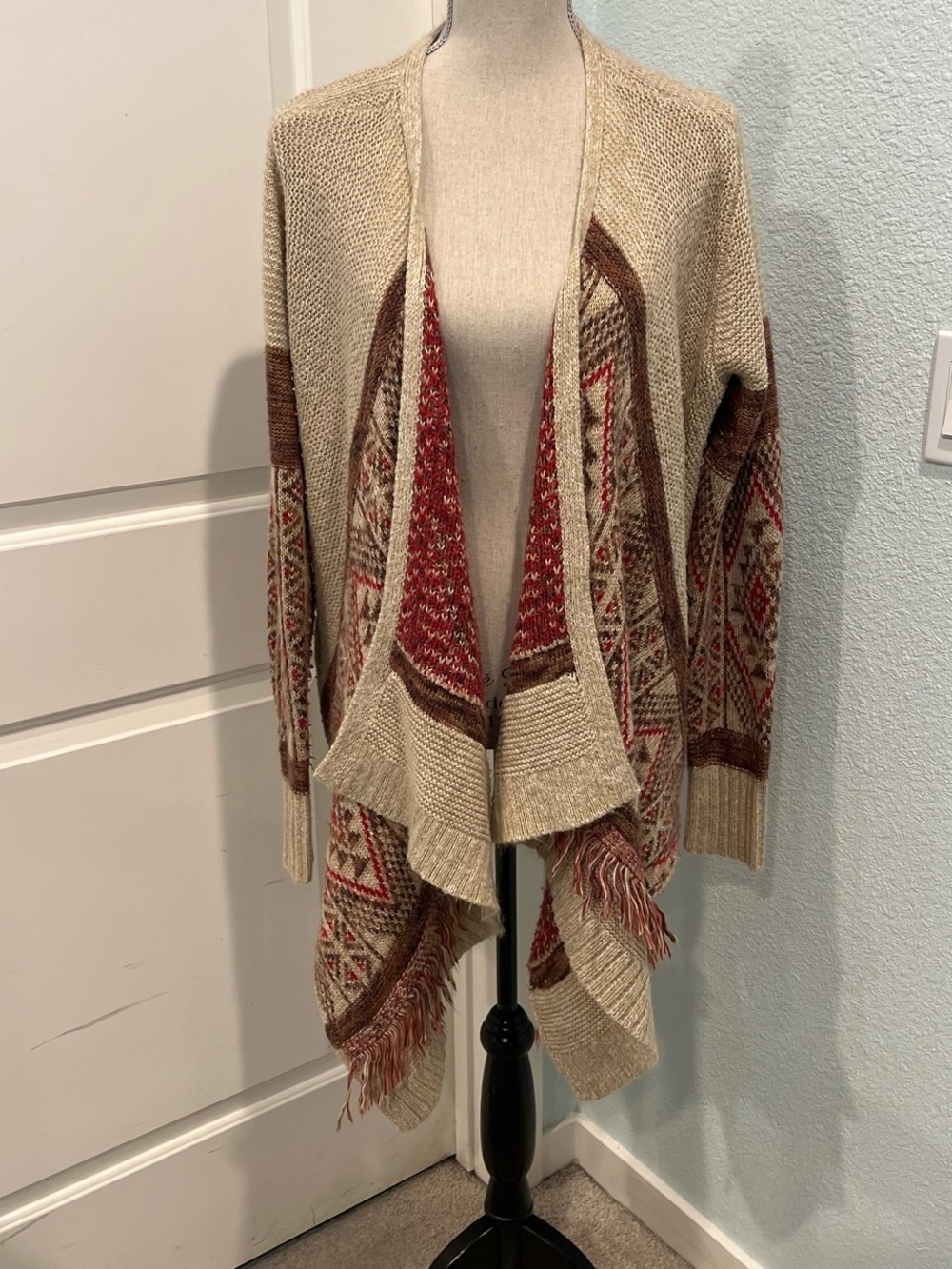 Lucky Brand Beige Open-Front Cardigan with Red & Brown Tribal Accents